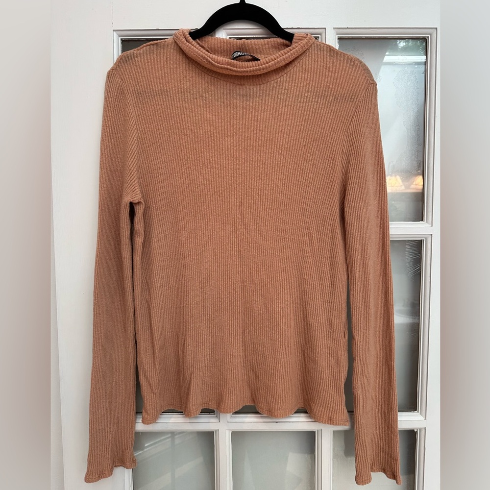 Reformation Warm Tan Dark Peach Ribbed Lightweight Mock Neck Sweater Size Medium